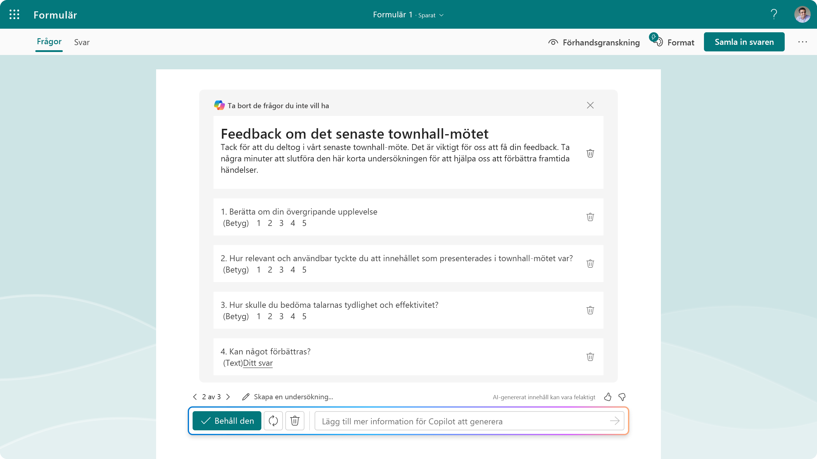 Skärmbild som visar föreslagna frågor för Copilot i Forms