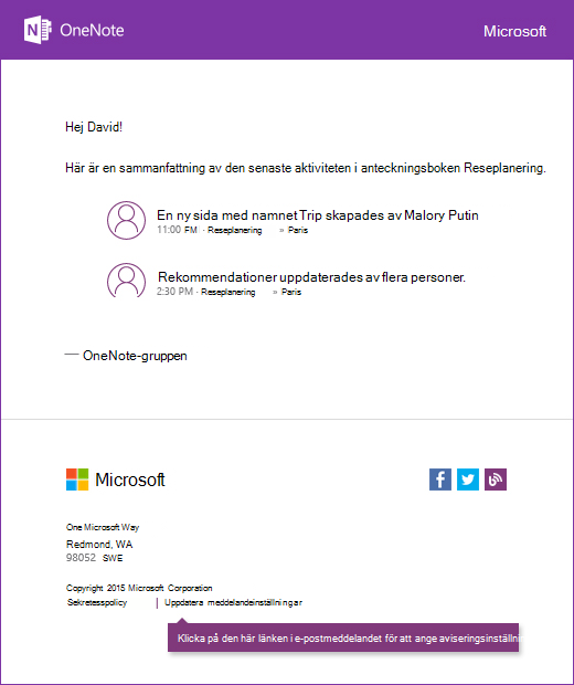 Ett exempel på ett e-postmeddelande i OneNote