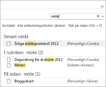 Leta efter anteckningar i OneNote med sökfunktionen.