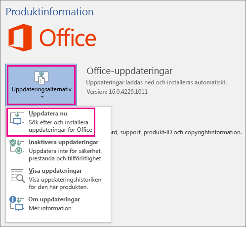 Söka manuellt efter Office-uppdateringar i Word 2016