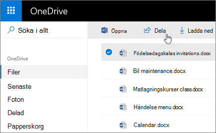 Skärmbild av en markerad fil och knappen Dela i OneDrive.