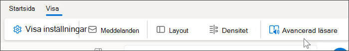Skärmbild av den övre delen av Outlook Web med fliken Visa markerad och muspekaren hovrar över avancerad läsare